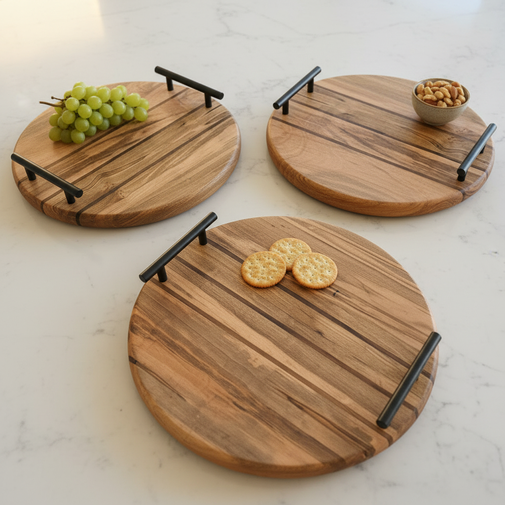 Three round rustic wooden serving trays with black metal handles with minimal food styling on a white marble surface